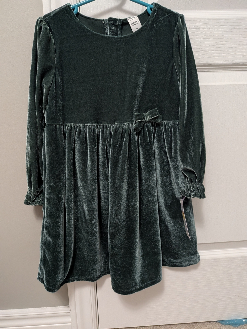 Carter's Green Velvet Bow-Accent Long Sleeve Dress - NWT